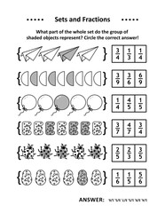 Sets and fractions math puzzle or worksheet to learn, practice and reinforce fractions represented by subsets. Answer included. - obrazy, fototapety, plakaty