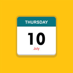 july 10 thursday icon with yellow background, calender icon