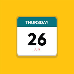 july 26 thursday icon with yellow background, calender icon