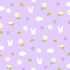 Bunny rabbit, flowers, cloud on a pastel purple background for floral wallpaper, backdrop, fabric, spring, summer, Valentine card, easter pattern, pet clothes, picnic, nature, animal print, kid cloth