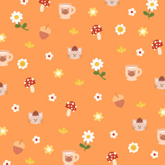Autumn illustrations of cat, walnut. mushroom, leaves, flower on orange background for wallpaper, backdrop, gift wrap, packaging, floral pattern, fabric, picnic blanket, duvet, nature, garden, animal,