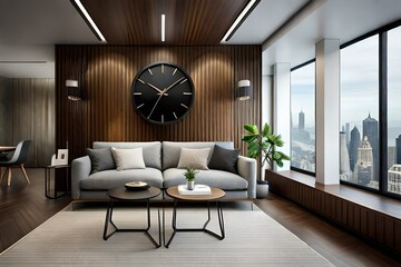 modern living room with  beautiful clock generated by AI
