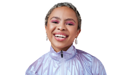 Laughing woman, color or portrait of makeup, fashion and trendy neon clothes on isolated, transparent or png background. African model, retro and funny gen z in bold style, cosmetics or unique beauty