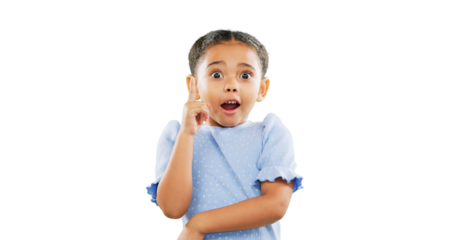 Face, lightbulb or child with finger idea, answer or solution on isolated, transparent or png background. Portrait, biracial kid and curious girl with excited, surprised or wow hands for eureka emoji