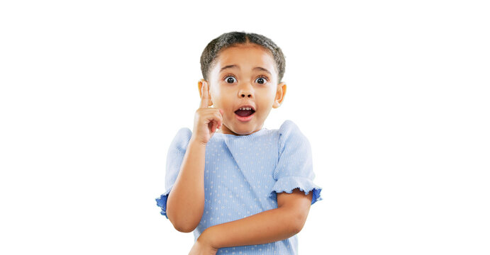 Face, lightbulb or child with finger idea, answer or solution on isolated, transparent or png background. Portrait, biracial kid and curious girl with excited, surprised or wow hands for eureka emoji