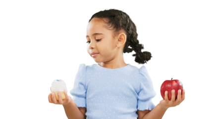 Child, cupcake or apple for choice, decision or selection on isolated, transparent or png background. Confused, thinking or biracial girl with bakery cake or fruit for health, .wellness or diet doubt