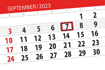 Obraz premium Calendar 2023, deadline, day, month, page, organizer, date, September, thursday, number 7