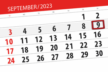 Calendar 2023, deadline, day, month, page, organizer, date, September, saturday, number 9