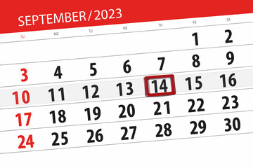 Obraz premium Calendar 2023, deadline, day, month, page, organizer, date, September, thursday, number 14
