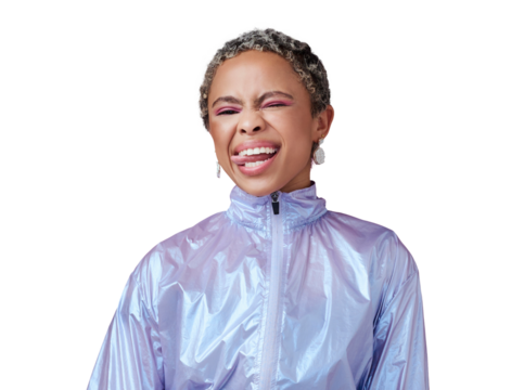 Woman, tongue and fun portrait with makeup, fashion and trendy neon clothes on isolated, transparent or png background. African model, retro and gen z emoji in color style, cosmetics or unique beauty