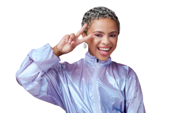 Happy woman, color or portrait of peace sign, makeup or fashion in trendy neon clothes on isolated, transparent or png background. African model, retro and gen z v hands in cosmetics style or gesture