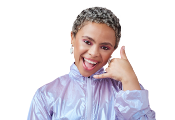 Hands, call me sign and portrait of woman with fashion, cool clothes or isolated on transparent png background. Face of happy african gen z model, retro style or phone emoji for contact, news or icon