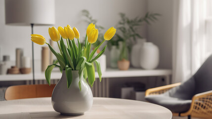 A vase of yellow tulip on the table in living room