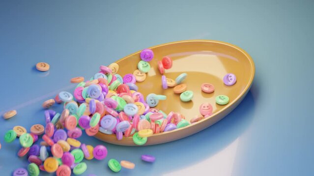 A 3D illustration of colorful pills with smileys and hearts falling into a bowl