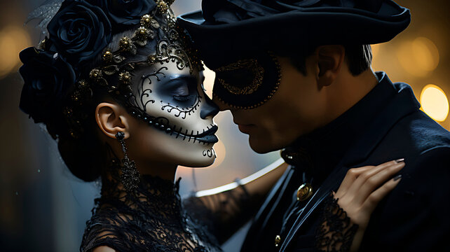 Couple dancing in costumes of Day of the Dead, sugar skull, ai generated