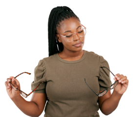 Black woman, glasses decision and vision, eye care and prescription lens isolated on png transparent background. Female person thinking of choice, frame and cosmetic designer eyewear with optometry