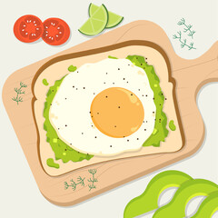 Avocado toast with a sunny-side-up egg and other ingredients