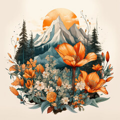 Illustration of nature with a sunrise. AI generated