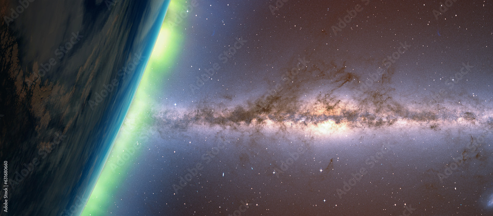 Aufkleber Planet Earth with Milky Way galaxy in the background - A beautiful green and blue aurora dancing over the world 