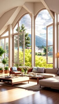 living room interior design with window view, seamless looping video background animation, anime style, vertical video