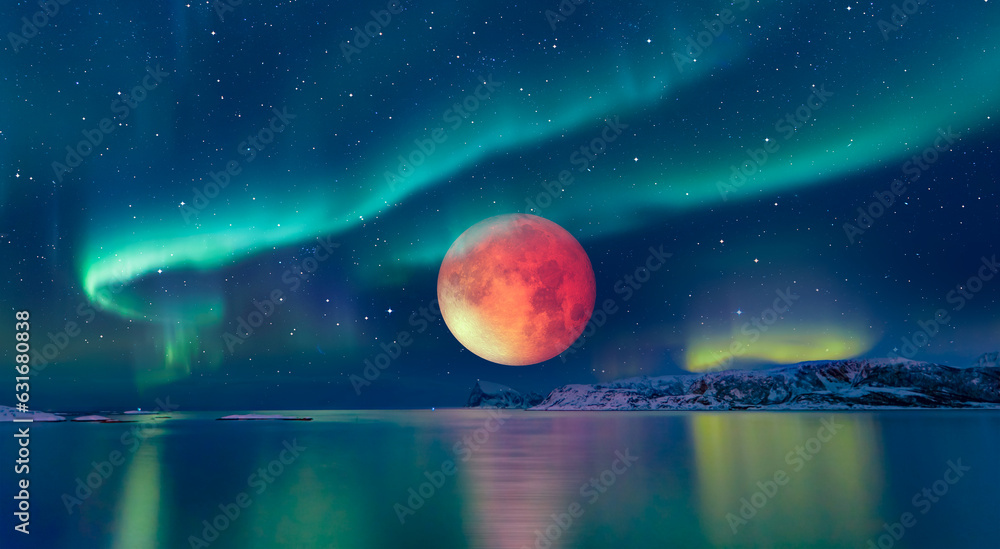 Poster northern lights - aurora borealis in the sky with full red moon (lunar eclipse) on the foreground ca