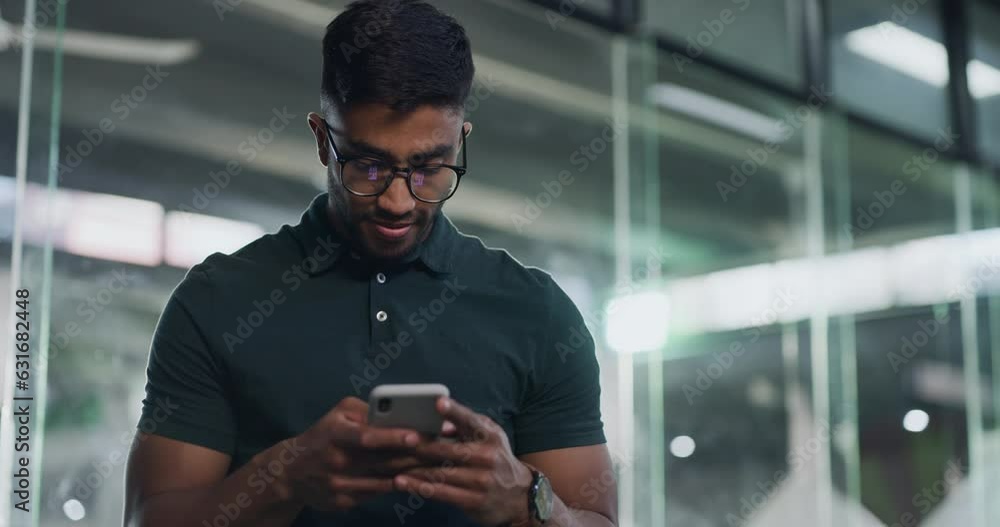 Poster man, texting and reading with phone for communication, social media app or email with focus. young g