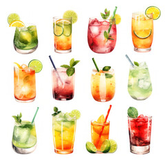 Various types of cocktails illustration on a white background