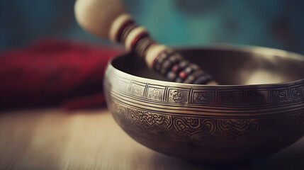 Tibetan singing copper bowl with a wooden colorful clapper on a brown wooden table, objects for...