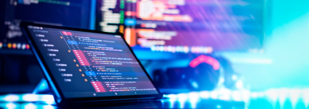 Notebook coding background business data analytics programming online,  digital world technology