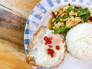 Rice topped with chicken with Thai basil and fried egg