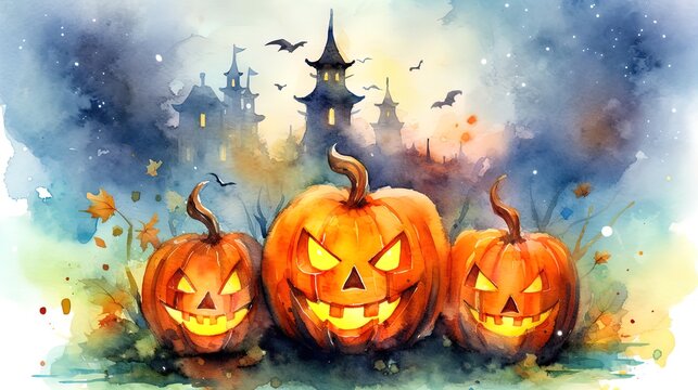 illustration of a Halloween-themed banner with a group of pumpkin lanterns. Generative AI