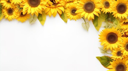 Long wide summer banner with yellow sunflowers on bright yellow background. Bright greeting card template. Generative AI