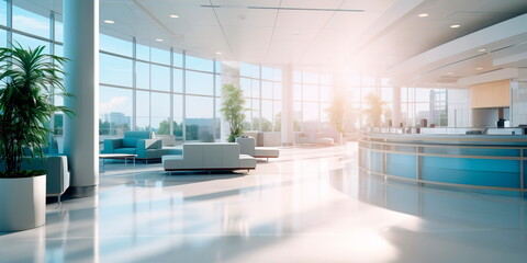 Detailed interior shots of a modern hospital lobby, showcasing the sleek design, comfortable seating areas, and welcoming atmosphere. Generative AI