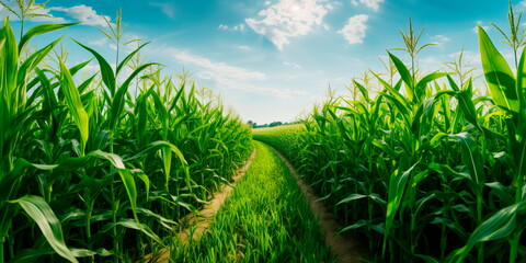 field of vibrant green biofuel crops, such as corn or sugarcane, used for sustainable energy production. Generative Ai - obrazy, fototapety, plakaty