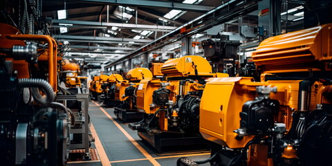 Fototapeta premium Machines and equipment arranged in a row in a large industrial workshop, ready for production. Generative Ai