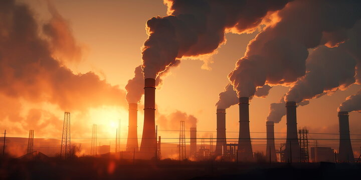 Industrial chimneys releasing steam and pollutants into the air. Generative Ai