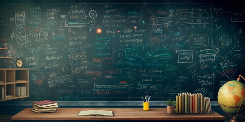 charming back to school background with a vintage chalkboard, showcasing handwritten notes and equations in different subjects. Generative Ai