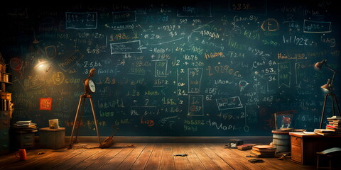 charming back to school background with a vintage chalkboard, showcasing handwritten notes and equations in different subjects. Generative Ai - obrazy, fototapety, plakaty