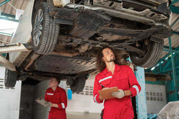 Obraz premium Caucasian repairmen are analyzing and fixing broken car in car repair mechanic shop