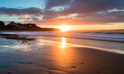 Photo of a colorful sunset over a sandy beach with footprints