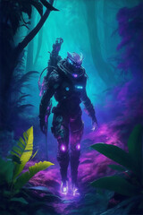 A futuristic space pirate walking through a dark enchanted jungle on an unknown planet at night