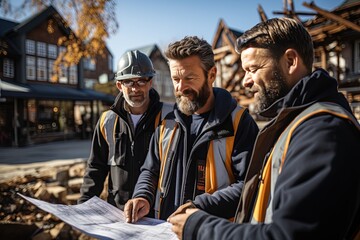 Fototapeta premium Construction worker wearing safety harness and safety line working on scaffolding at new house under construction. Generated with AI.