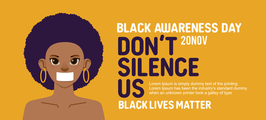 Black lives matter campaign banner silence mouth woman support people to gain equal right, human unity different races, Stop racism
