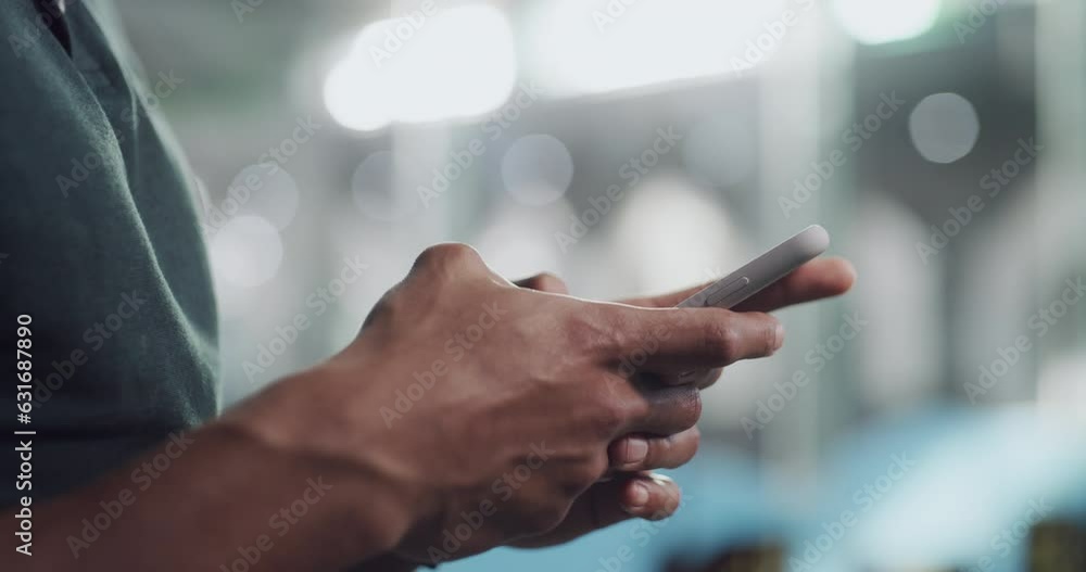 Poster Man, hands and phone typing for networking, online communication and email. Social media, digital and mobile conversation of a male with tech for text and internet message at an office with web app