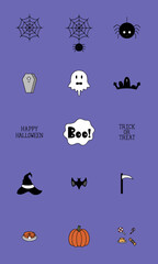 Cartoon Halloween icon set vector. pumpkin, ghost, bat, graves, spider, coffin, Boo, bat, cake, candy, witch hat and trick or treat in purple background. Vector illustration.