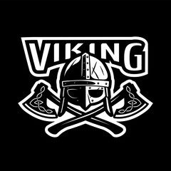 Viking helmet and two axes on a dark background. Vector illustration.