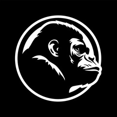 Gorilla silhouette, round shape logo on a dark background. Vector illustration.