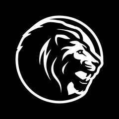 Lion silhouette, round shape logo on a dark background. Vector illustration.