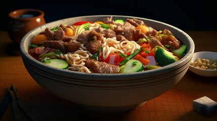 A bowl of noodles with meat vegetables and meat.Generative AI