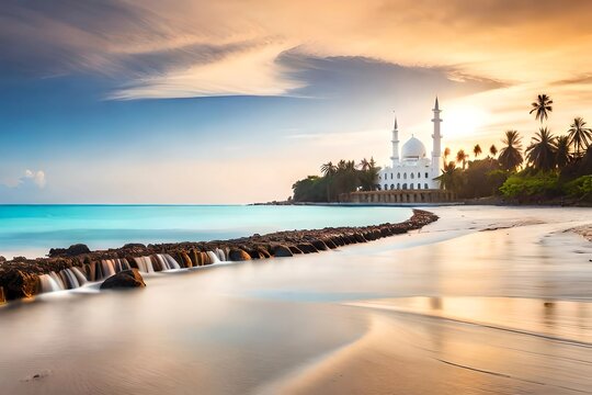 beautiful mosque in the tropical beach, amazing panorama, generative Ai art